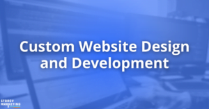 A developer working on editing code for a website build with the text "Custom Website Design and Development" 